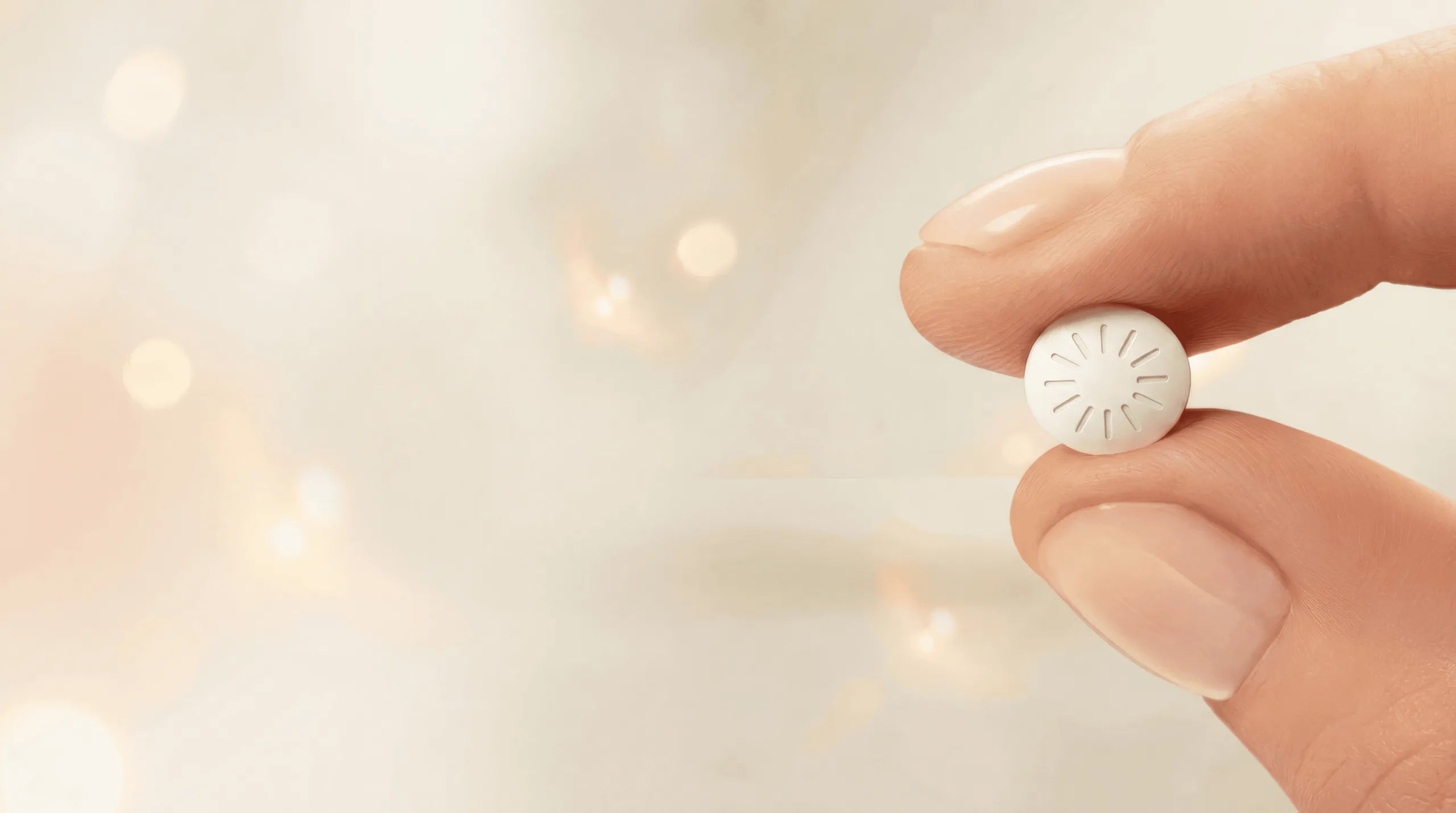 A single compounded tablet held between finger and thumb